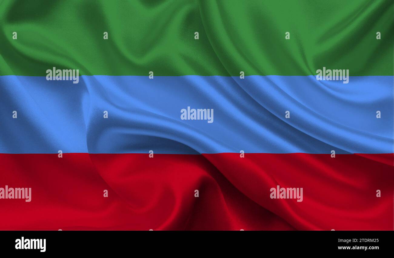 Drapeau haut détaillé du Daghestan. Drapeau national du Daghestan. Illustration 3D. Banque D'Images