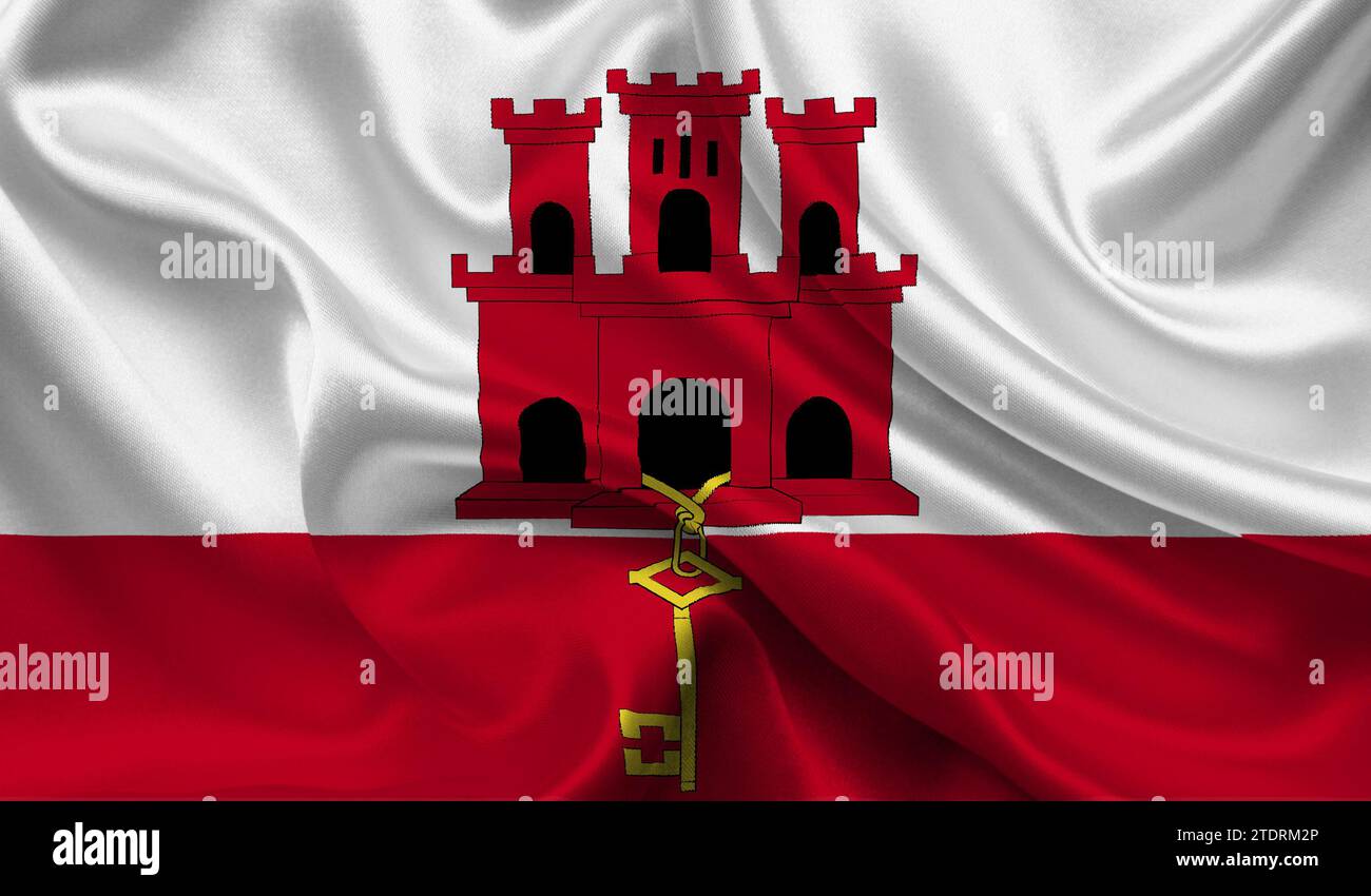 Drapeau détaillé élevé de Gibraltar. Drapeau national de Gibraltar. Illustration 3D. Banque D'Images