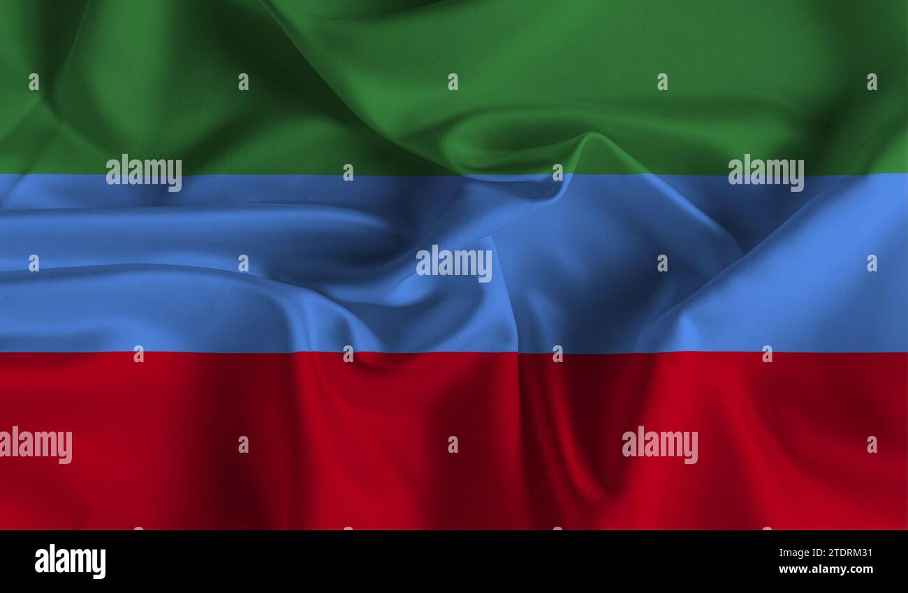 Drapeau haut détaillé du Daghestan. Drapeau national du Daghestan. Illustration 3D. Banque D'Images