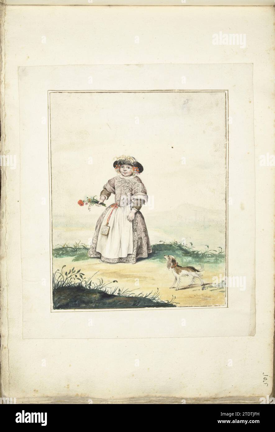Enfant dans un paysage, 1660 - c. 1687 l'enfant porte une jupe longue qui était habituelle pour les enfants des deux sexes à l'époque. C'est probablement un garçon de six ans (Gerrit Schellinger?), assez vieux pour apprendre l'alphabet. Son signe AB pend autour de sa taille. En bas à droite se trouve un chien. Dessinateur : Zwolledraughtsman : Zwolle (possiblement)dessinateur : pays-Bas (possiblement) papier. Pinceau à l'aquarelle (peinture) l'enfant porte une jupe longue qui était habituelle pour les enfants des deux sexes à l'époque. C'est probablement un garçon de six ans (Gerrit Schellinger?), assez vieux pour apprendre l'alphabet. Son signe AB est accroché ar Banque D'Images