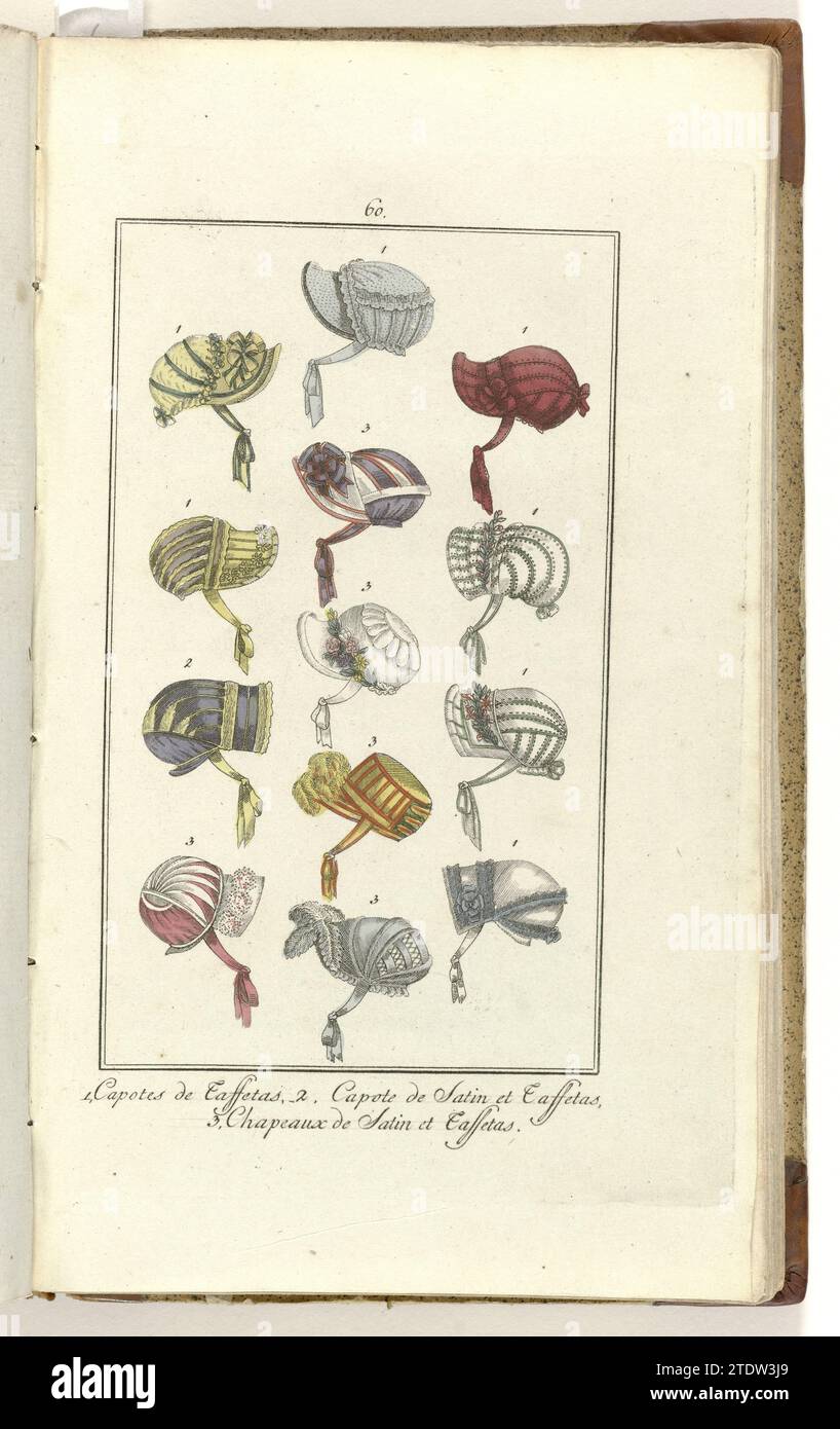 Elegantia, ou magazine de mode, de luxe et de goût pour les femmes, octobre 1808, no 60 : 1. Capotes de taffetas ..., Anonyme, 1808 selon le texte d'accompagnement (p. 320) : treize modèles différents de côtés et de 'capotes' 'au goût le plus récent.' Selon la légende : 1. Capotes de Tafzijde. 2. Capote de satin et taf côté. 3. Chapeaux de satin et taf côté. Imprimé du magazine de mode Elegantia, ou magazine de mode, luxe et goût pour dames 1807-1814 (interrompu par la période 1811-1813). Gravure sur papier Amsterdam selon le texte d'accompagnement (p. 320) : treize modes différents Banque D'Images