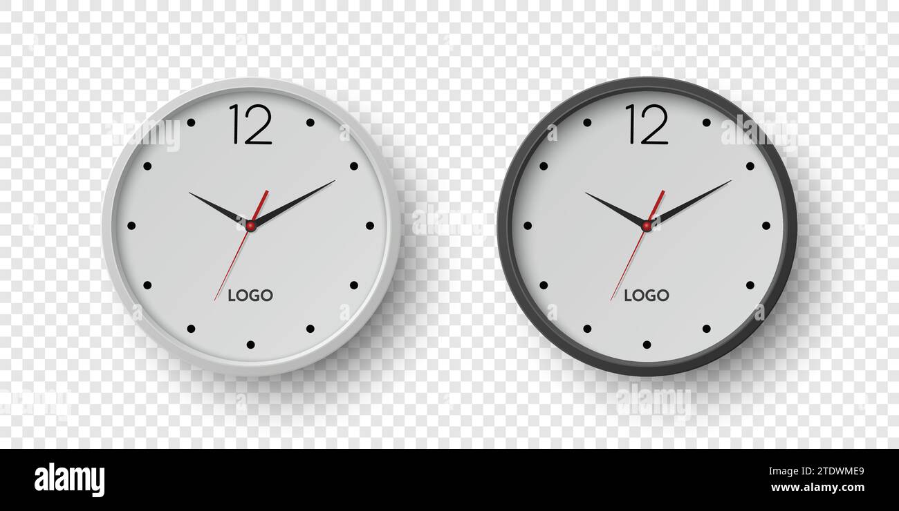 Vector 3d horloge de bureau murale ronde avec cadran d'horloge blanc, noir gros plan isolé. Montres, modèle de conception, maquette pour la marque, Publicité. Vecteur Illustration de Vecteur