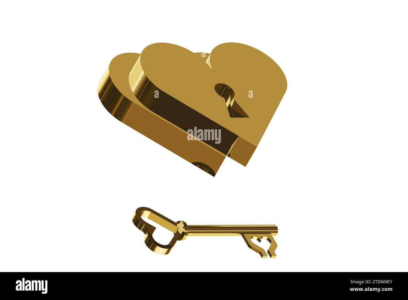 amour, deux coeurs d'or, avec clé et cadenas, quelle clé ouvre ou ferme un amour ? Sur fond blanc illustration dans les graphiques 3D. Saint Valentin cele Banque D'Images