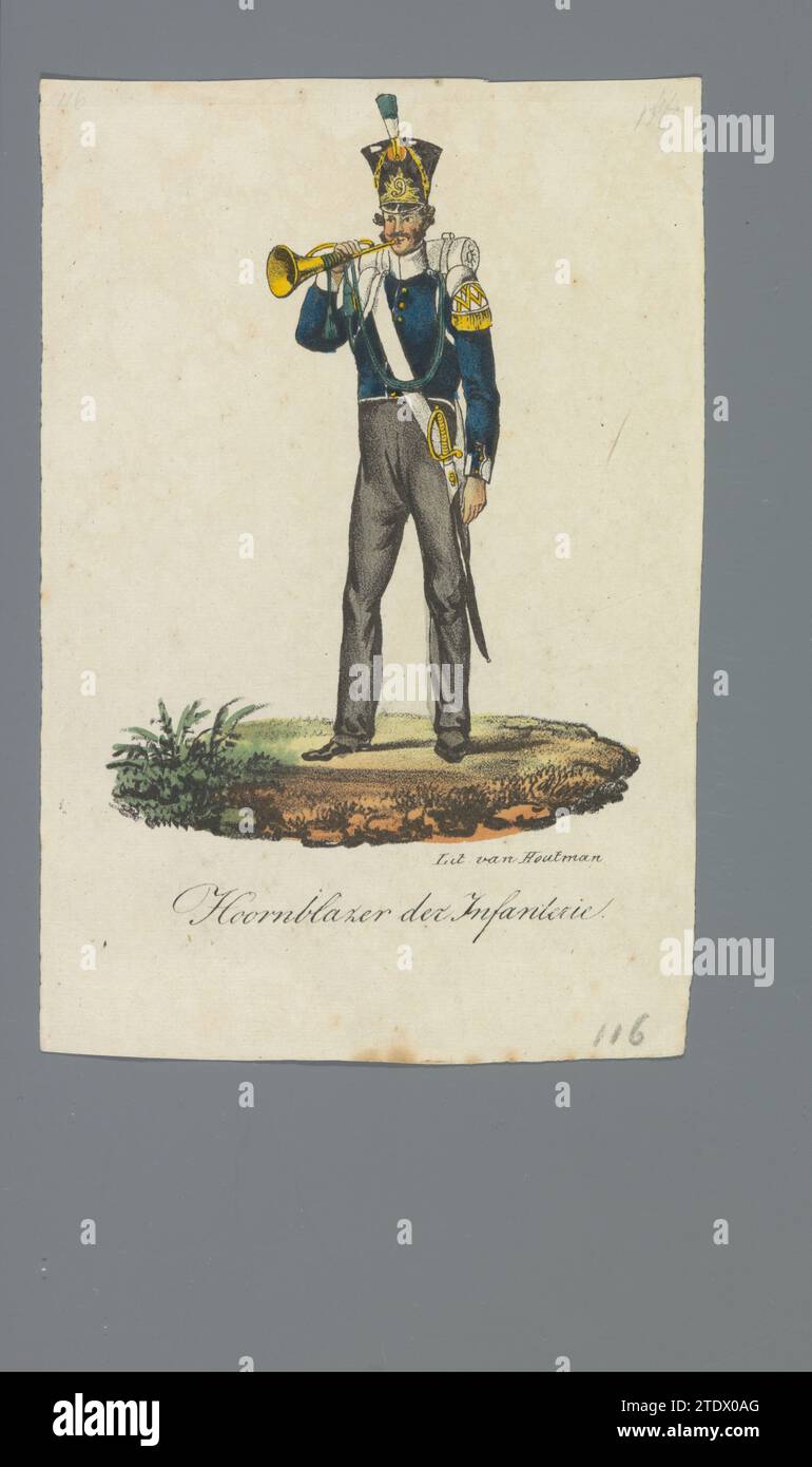 Hoorn blazer de l'infanterie, 1835 - 1850 trompettiste de l'infanterie, à pied. Fait partie d'une série de 157 magazines individuels avec des uniformes militaires néerlandais dans les années 1830-1832. Imprimeur : Netherlandsprinter : papier d'Utrecht Un trompettiste de l'infanterie, à pied. Fait partie d'une série de 157 magazines individuels avec des uniformes militaires néerlandais dans les années 1830-1832. Imprimeur : Netherlandsprinter : papier Utrecht Banque D'Images