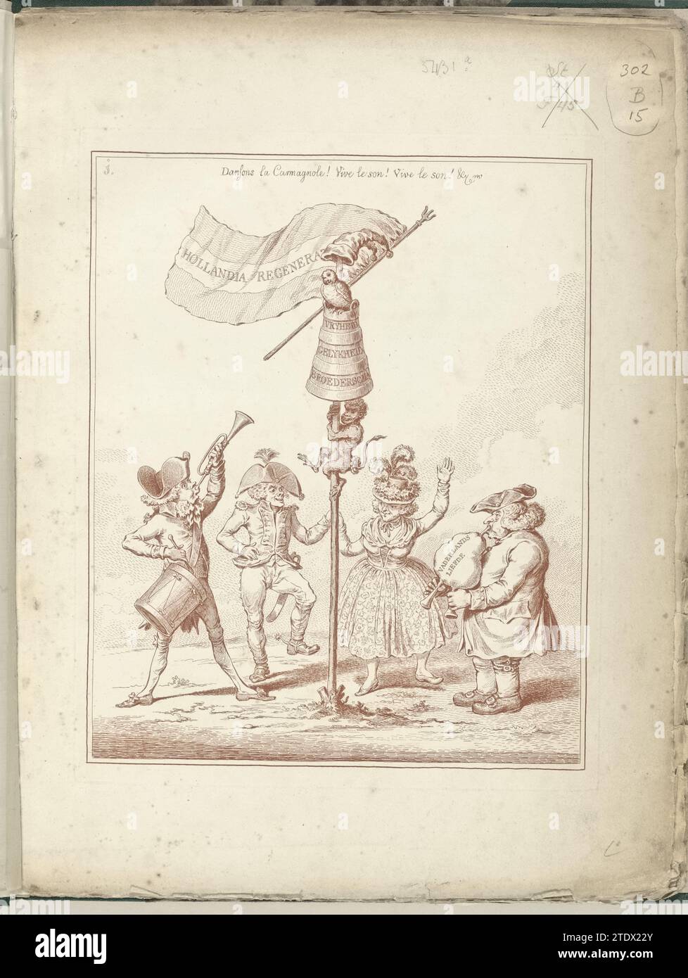 Titelprent van serie Hollandia Regenerata, 1795, James Gillray (possiblement), d'après David Hess, 1795 Hollandia Regenerata, 1795. un homme et une femme dansent pour un arbre de la liberté sur la musique de deux musiciens. Sur le dessus du poteau un chapeau phrygique avec des idiots et un karnton inversé avec les mots liberté, égalité et fraternité. Sur un drapeau le titre de la série. Un singe monte sur le poteau, un perroquet chante une chanson sur le dessus du poteau. Gravure sur papier de Londres Hollandia Regenerata, 1795. Un homme et une femme dansent pour un arbre de la liberté sur la musique de deux musiciens. Sur le dessus du poteau un chapeau phrygique avec des idiots et un karnton inversé Banque D'Images
