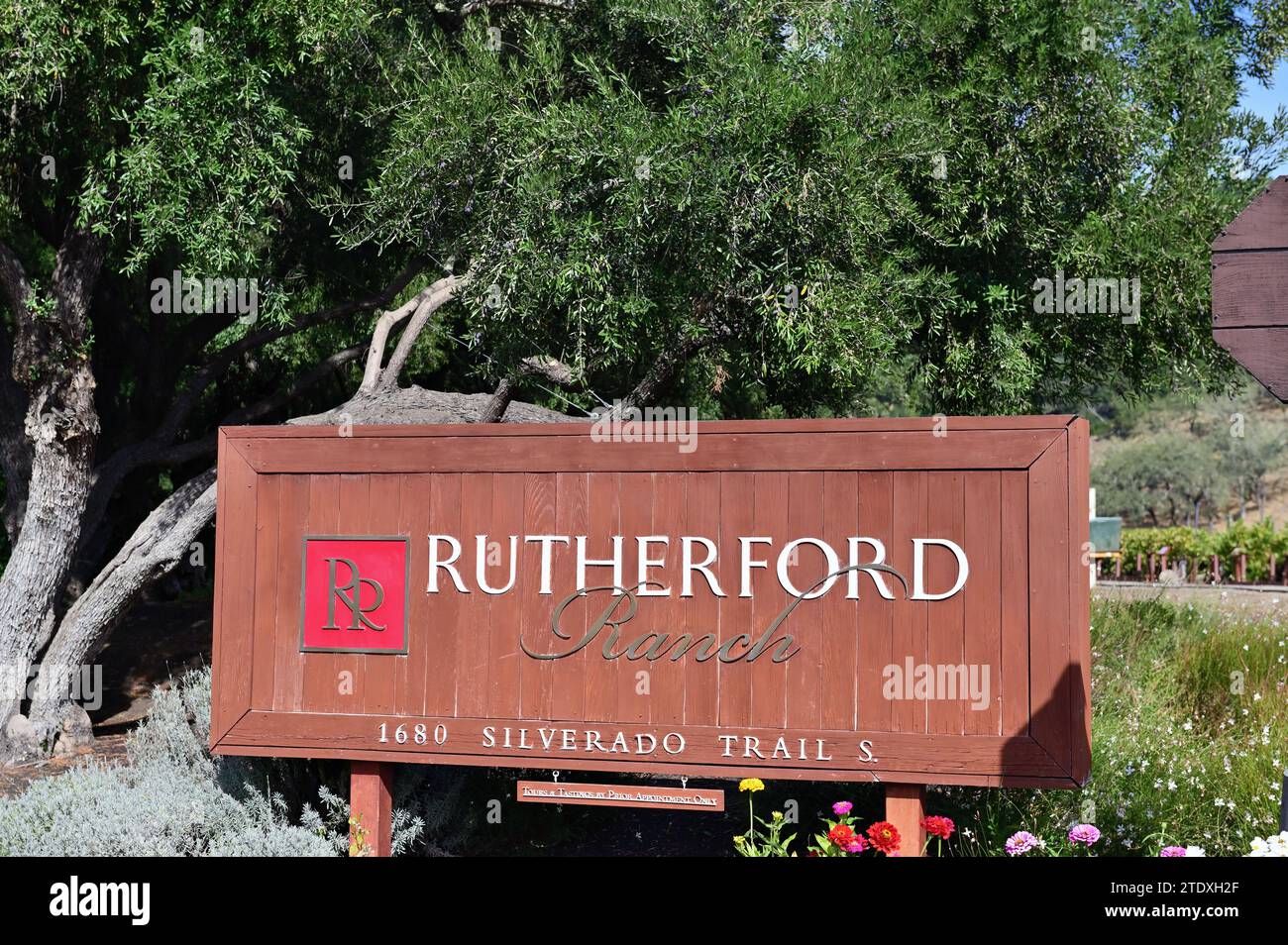 St. Helena, Californie, États-Unis. L'extérieur de Rutherford Ranch Winery dans Napa Valley. Banque D'Images