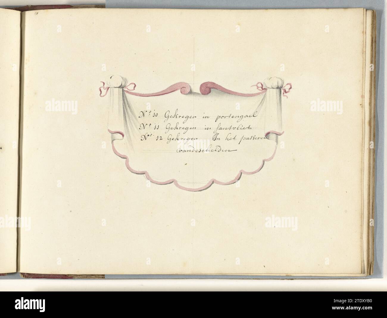 Titre de série pour le groupe résiduel de bannières conquis au Portugal, Zandvliet et à l'Escaut, 1701-1713, 1713 - 1720 cartouche avec le titre de série pour le groupe résiduel de trois bannières conquis au Portugal, Zandvliet et à l'Escaut, 1701-1713. Dans le livre avec des dessins de bannières françaises, standards et timbales, conquis pendant la guerre de succession d'Espagne (1701-1713). Nord des pays-Bas écriture papier (procédés) / dessin cartouche avec le titre sériel pour le groupe résiduel de trois bannières conquis au Portugal, Zandvliet et à l'Escaut, 1701-1713. Dans le livre avec Drawin Banque D'Images
