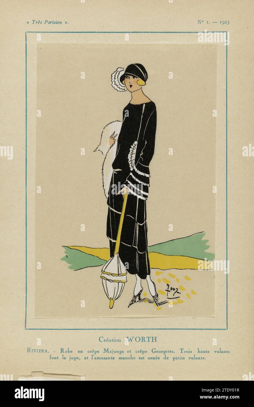 Très parisien, 1923, no 1 : WORTH Creation ..., 1923 Jellon of Worth de Crêpe Majunga et Crêpe Georgette avec trois bandes sur la jupe et de larges poignets avec des bandes. Tirage du magazine de mode très parisien (1920-1936). Impression typographique sur papier Paris Jellon of Worth de Crêpe Majunga et Crêpe Georgette avec trois bandes sur la jupe et de larges poignets avec des bandes. Tirage du magazine de mode très parisien (1920-1936). Impression typographique sur papier Paris Banque D'Images