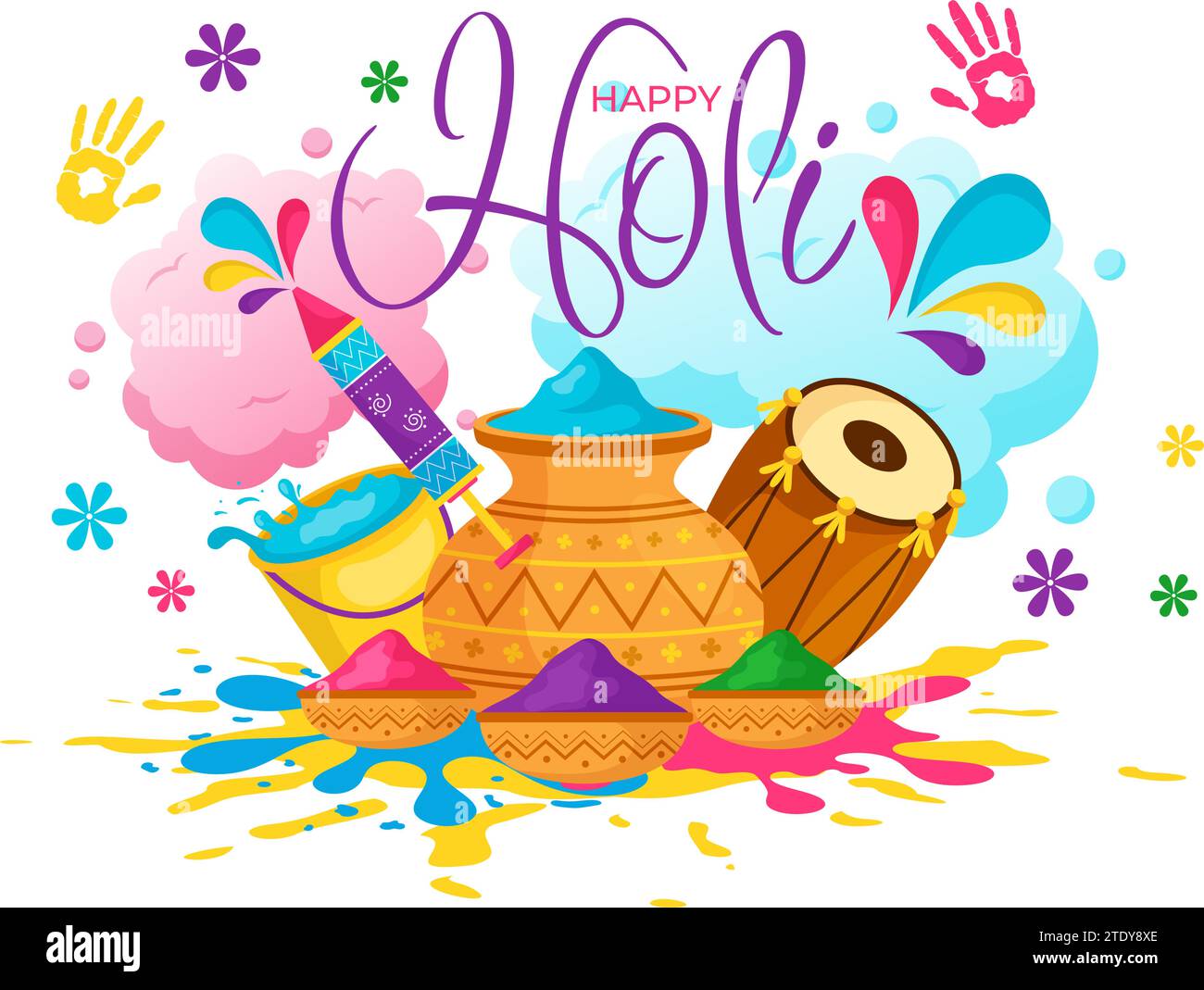 Happy Holi Festival Vector Illustration avec pot coloré et poudre en hindi en couleurs Celebration Flat Cartoon Background Design Illustration de Vecteur