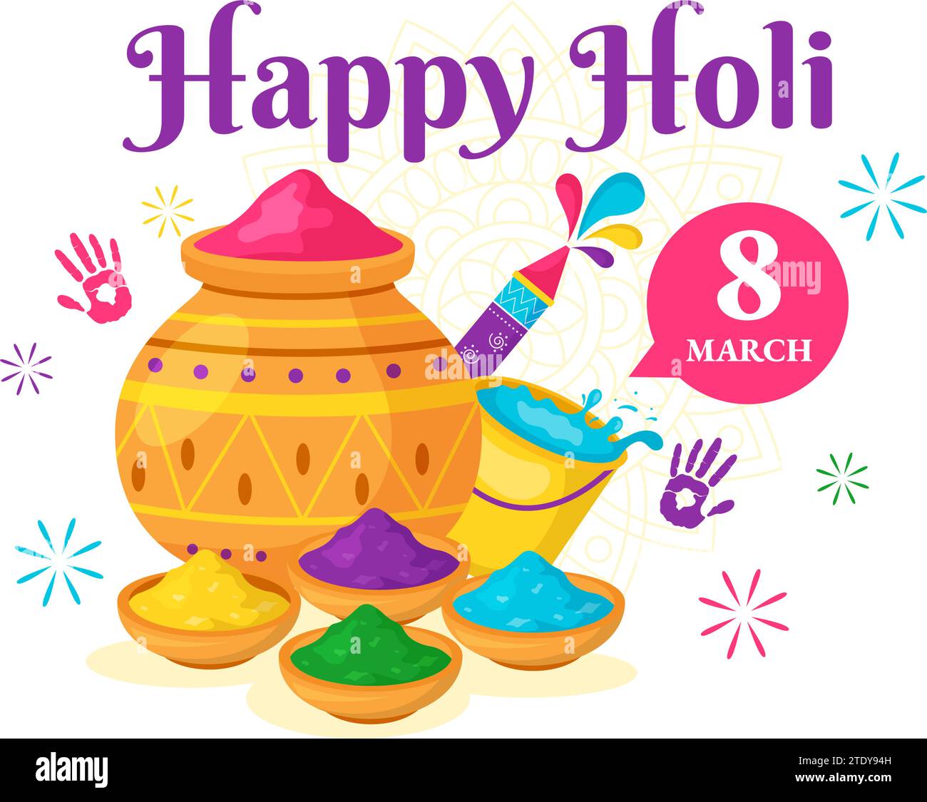 Happy Holi Festival Vector Illustration avec pot coloré et poudre en hindi en couleurs Celebration Flat Cartoon Background Design Illustration de Vecteur