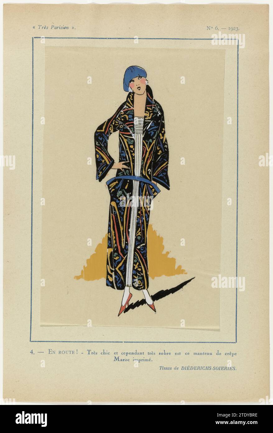 Très parisien, 1923, no 6 : 4.- en route ! - Très chic ...., 1923 Mantel de crêpe imprimé maroc. Substances de Diéderichs-soieries. Accessoires : beret, pompes. Tirage du magazine de mode très parisien (1920-1936). Impression typographique papier Paris Mantel de crêpe imprimée maroc. Substances de Diéderichs-soieries. Accessoires : beret, pompes. Tirage du magazine de mode très parisien (1920-1936). Impression typographique sur papier Paris Banque D'Images