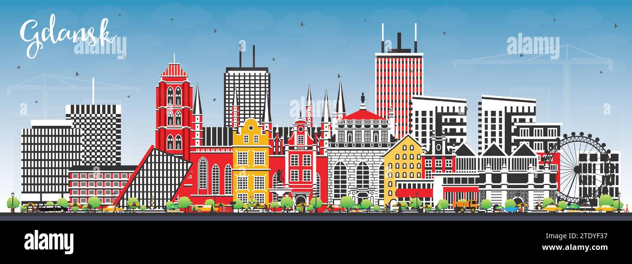 Gdansk Pologne Skyline de la ville avec des bâtiments de couleur et ciel bleu. Illustration vectorielle. Paysage urbain de Gdansk avec des monuments. Illustration de Vecteur