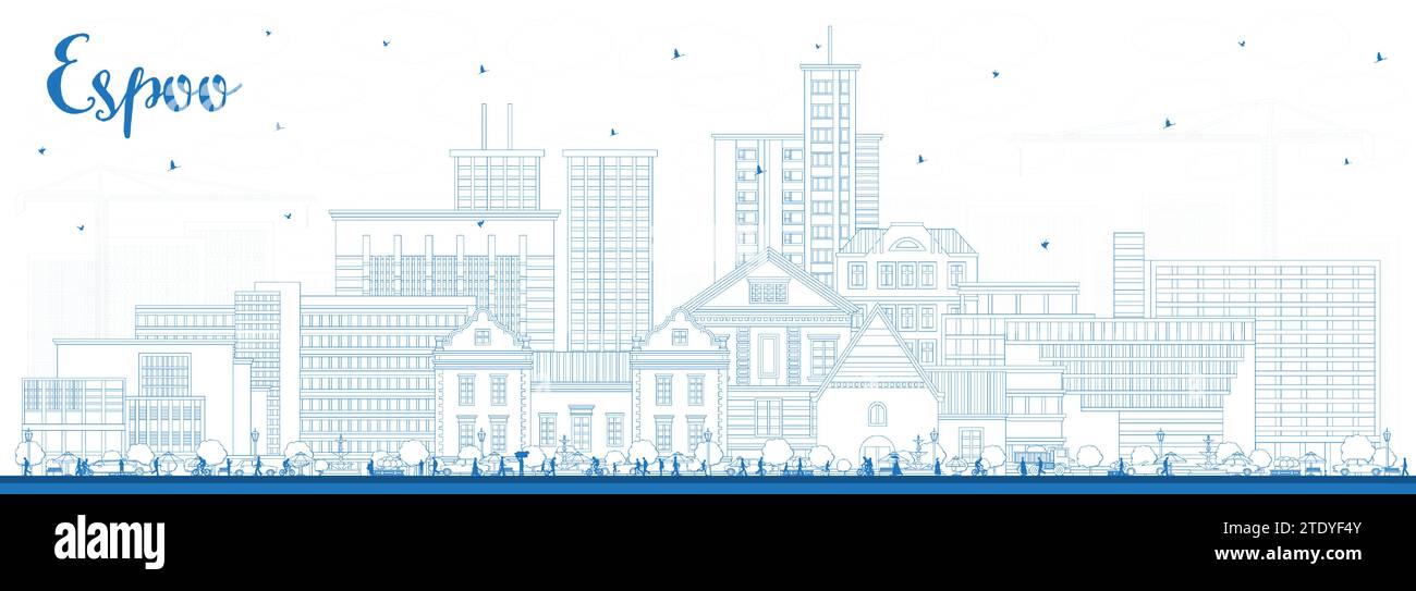 Esquissez les gratte-ciel de la ville d'Espoo Finlande avec des bâtiments bleus. Illustration vectorielle. Paysage urbain d'Espoo avec des monuments. Illustration de Vecteur