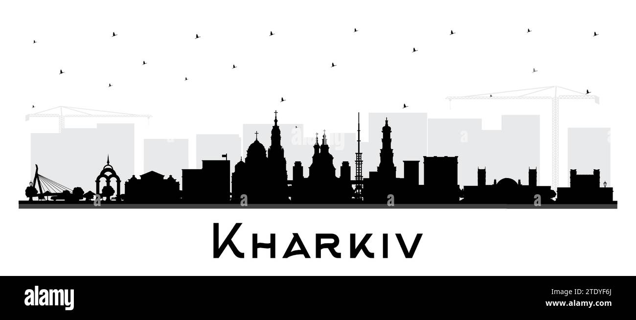 Kharkiv Ukraine City Skyline silhouette avec des bâtiments noirs isolés sur blanc. Illustration vectorielle. Paysage urbain de Kharkiv avec des monuments. Illustration de Vecteur