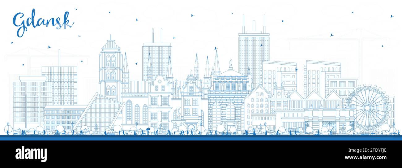 Contour Gdansk Pologne Skyline de la ville avec des bâtiments bleus. Illustration vectorielle. Paysage urbain de Gdansk avec des monuments. Illustration de Vecteur