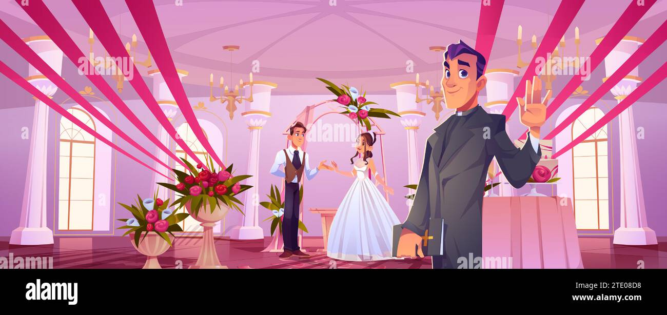 Marié et mariée sous l'arche de mariage drapé et décoré de fleurs et pasteur agitant la main dans la salle de bal festive ou la salle de banquet. Couple heureux de dessin animé dans une configuration de mariage romantique avec bouquet de roses. Illustration de Vecteur