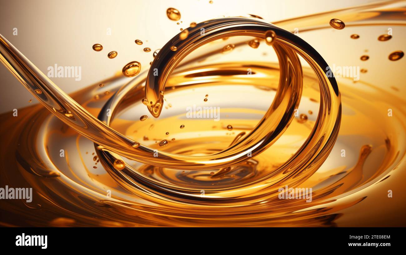 Éclaboussures et gouttes d'huile liquide. Huile d'olive fraîche ou huile de moteur écologique nature couleur dorée gros plan. Jaune brillant huile cosmétique ou essence cosmétique Liqu Banque D'Images