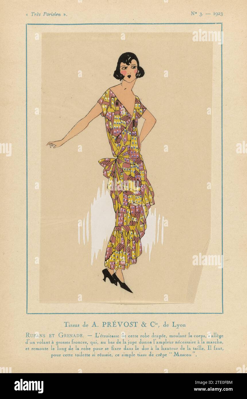 Très parisien, 1923, n°3 : tissus d'A. Prévost ... Granada Ribbons., 1923 tissus de A. Prévost & Cie. Robe drapée avec un grand volant froncé sur le dessous de la jupe. Selon la légende, c'est Naveldal d'utiliser la simple substance crêpe 'Moscou' pour cette 'toilette'. Tirage du magazine de mode très parisien (1920-1936). Tissus d'impression typographique papier LyonParis de A. Prévost & Cie. Robe drapée avec un grand volant froncé sur le dessous de la jupe. Selon la légende, c'est Naveldal d'utiliser la simple substance crêpe 'Moscou' pour cette 'toilette'. Imprimer à partir de Banque D'Images