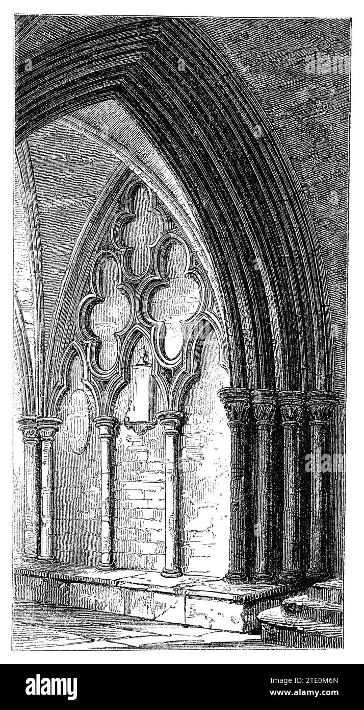 Gravure vintage 1854 des murs du cloître dans l'abbaye de Westminster, Londres.. Banque D'Images