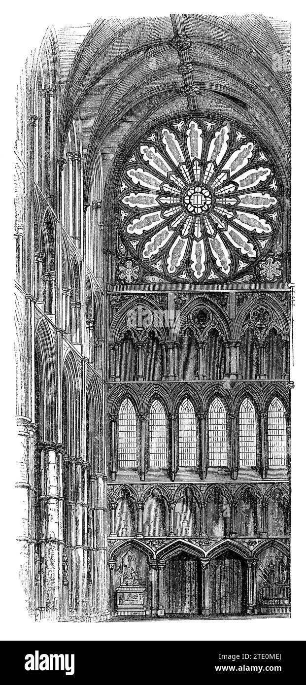 Gravure vintage 1854 de la fenêtre circulaire à l'extrémité nord du transept dans l'abbaye de Westminster, Londres. Banque D'Images