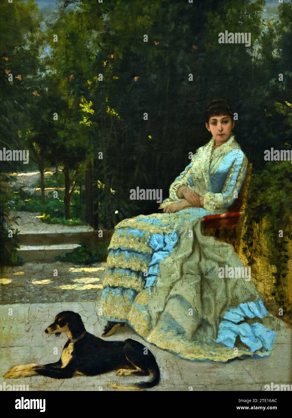 Rizos Ιakovos (1849 - 1926) Dame dans le jardin avec son chien , peinture 19RBR-20e siècle, Galerie nationale, Athènes, Grèce. Banque D'Images