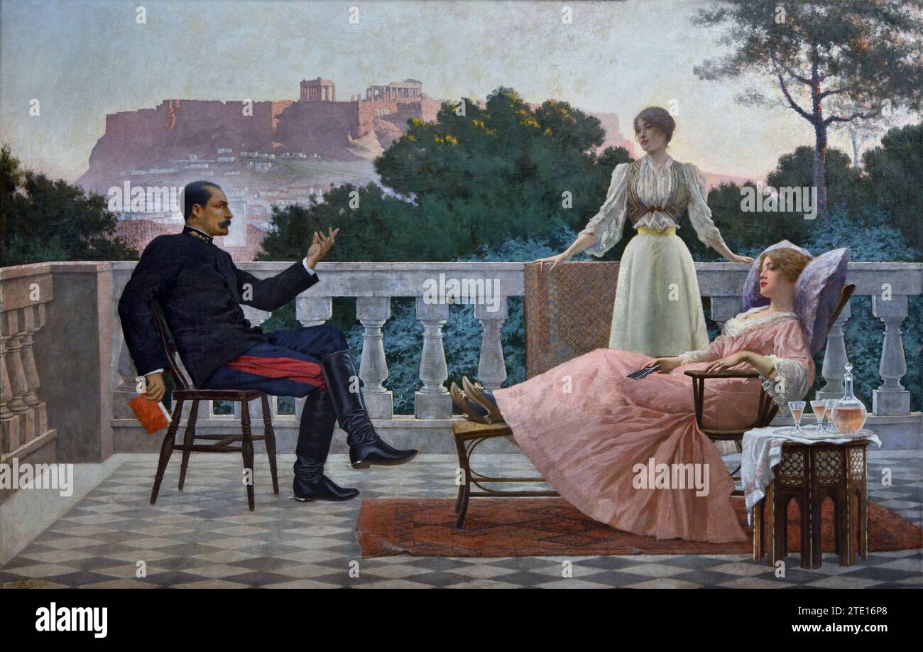 Rizos Ιakovos (1849 - 1926) sur la terrasse, peinture 19RRO-20e siècle, Galerie nationale, Athènes, Grèce. Banque D'Images