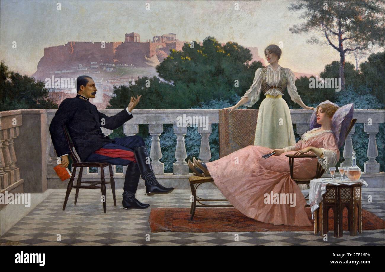 Rizos Ιakovos (1849 - 1926) sur la terrasse, peinture 19RRO-20e siècle, Galerie nationale, Athènes, Grèce. Banque D'Images