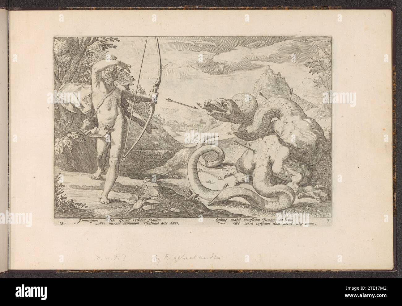 Apollo tue le serpent géant Python, 1728 Apollo tue le serpent géant Python avec de nombreuses flèches (ici plus comme un dragon, avec des jambes). Un crocodile, un mouton et un cerf courent en arrière-plan. Deux fois deux versets en latin sous la représentation. L'impression fait partie d'un album. Imprimeur : Haarlemafter design by : Haarlempublisher : Amsterdam gravure sur papier Apollo tue le serpent géant Python avec de nombreuses flèches (ici plus comme un dragon, avec des jambes). Un crocodile, un mouton et un cerf courent en arrière-plan. Deux fois deux versets en latin sous la représentation. L'impression fait partie d'un album. Imprimeur : Haarlemafter Banque D'Images