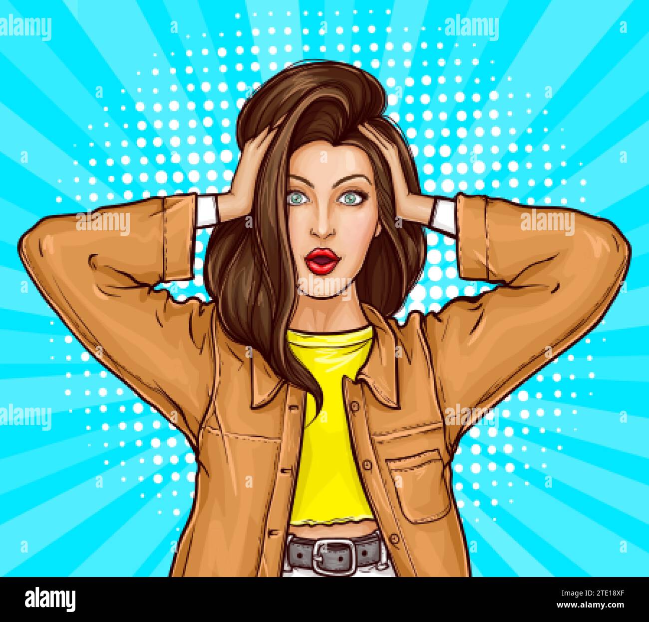 Pop art choqué, fille surprise en veste avec la bouche ouverte et les yeux grands ouverts. Jeune femme brune touche la tête avec ses mains avec le visage émerveillé. Illustration pour la publicité promotionnelle de réduction de vente. Illustration de Vecteur