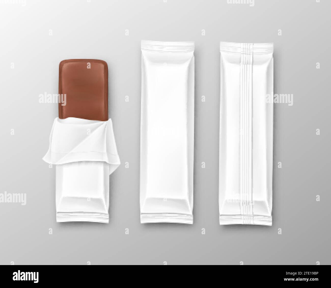 Maquette d'emballage à flux ouvert et modèle de barre de chocolat, plastique, emballages d'aliments sucrés en aluminium avant, vue arrière isolée, illustration vectorielle réaliste 3D. Maquette de produit vierge blanche pour la conception de publicité de marque. Illustration de Vecteur