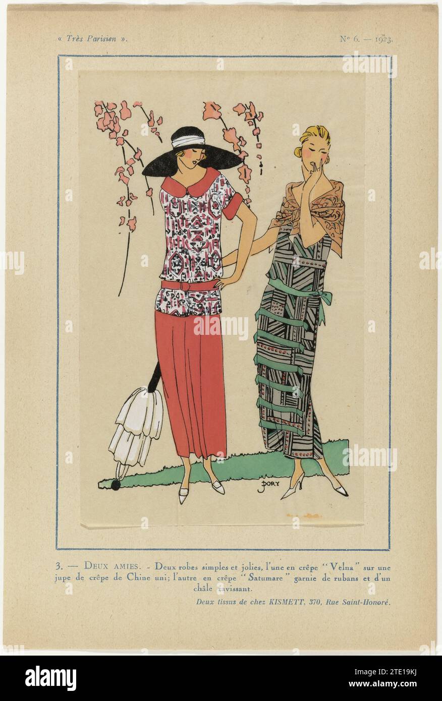 Très parisien, 1923, no 6 : 3.- deux amis. - Deux robes simples ..., 1923 deux robes simples : l'une de crêpe 'velna' sur une jupe solide de Crêpe de Chine ; l'autre de Crêpe 'Satumare' garnie de rubans et d'un foulard. Accessoires : chapeau à bord large, parasol (?), tissus Pumps.twee de Kismett. Tirage du magazine de mode très parisien (1920-1936). Paris papier letterpress imprimant deux robes simples : l'une de crêpe 'velna' sur une jupe unie de Crêpe de Chine ; l'autre de Crêpe 'Satumare' garnie de rubans et d'un foulard. Accessoires : chapeau à bord large, parasol (?), Pumps.twee fab Banque D'Images