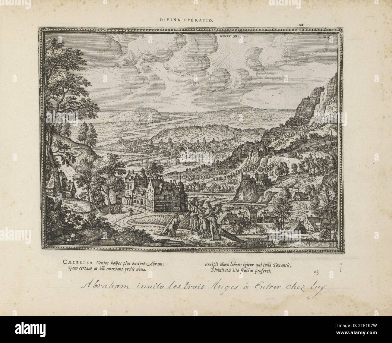 Paysage avec Abraham et de Drie Engelen, 1613 Abraham s'agenouille pour trois anges dans un paysage vallonné. Laissés en arrière-plan, devant une maison, les trois anges sont assis à table. Abraham arrive avec un bol dans ses mains (Genèse 18 : 2). Avec une devise en latin au-dessus de la performance et une légende de quatre lignes en latin sous l'impression. L'impression fait partie d'un album. Imprimeur : Antwerppublisher : Amsterdam papier typographie impression / gravure Abraham s'agenouille pour trois anges dans un paysage vallonné. Laissés en arrière-plan, devant une maison, les trois anges sont assis à table. Abraham Banque D'Images