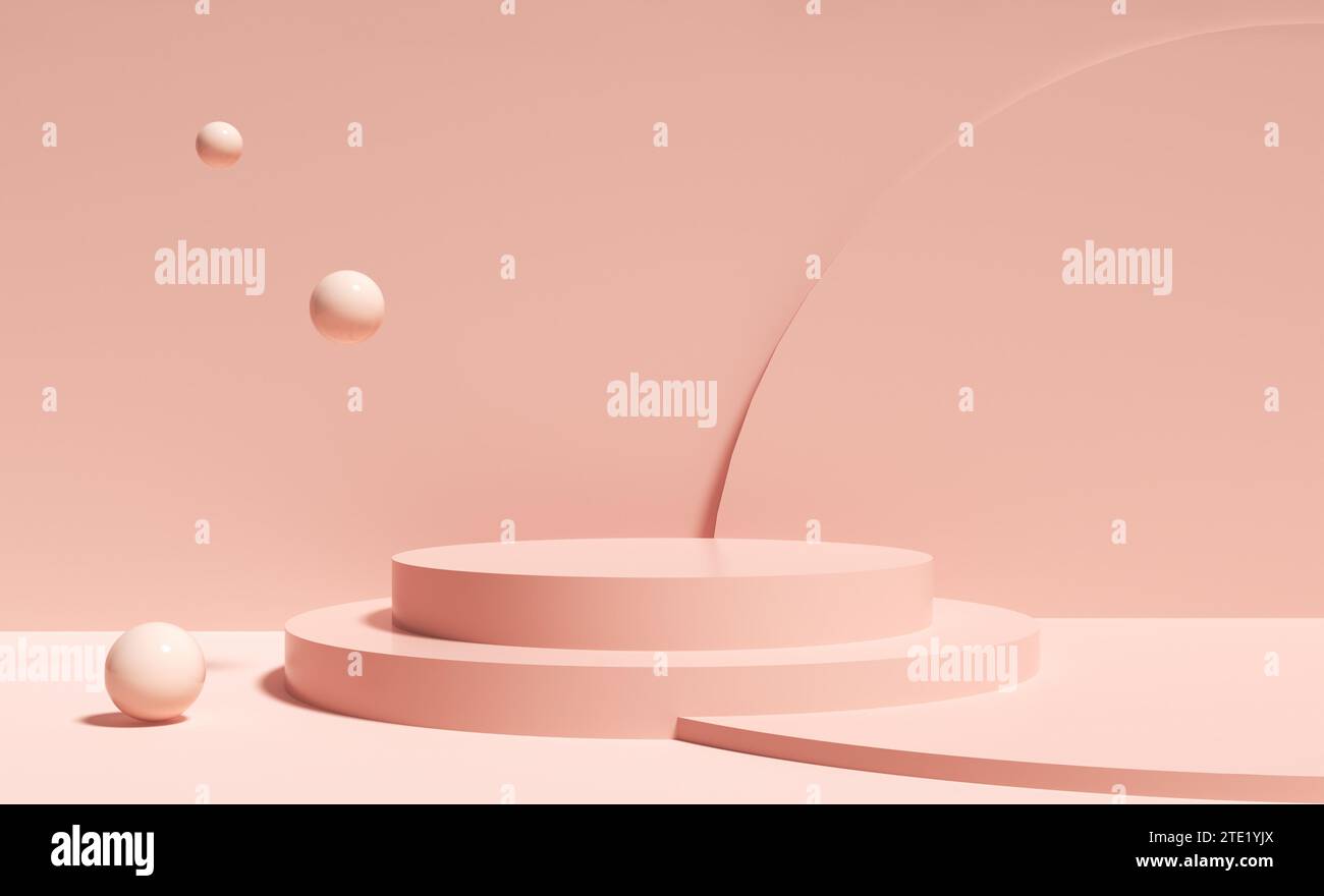 Podiums ronds de couleur pêche ou piédestaux avec des sphères en lévitation sur fond rose. Maquette pour l'affichage ou la présentation du produit. Rendu 3D. Banque D'Images