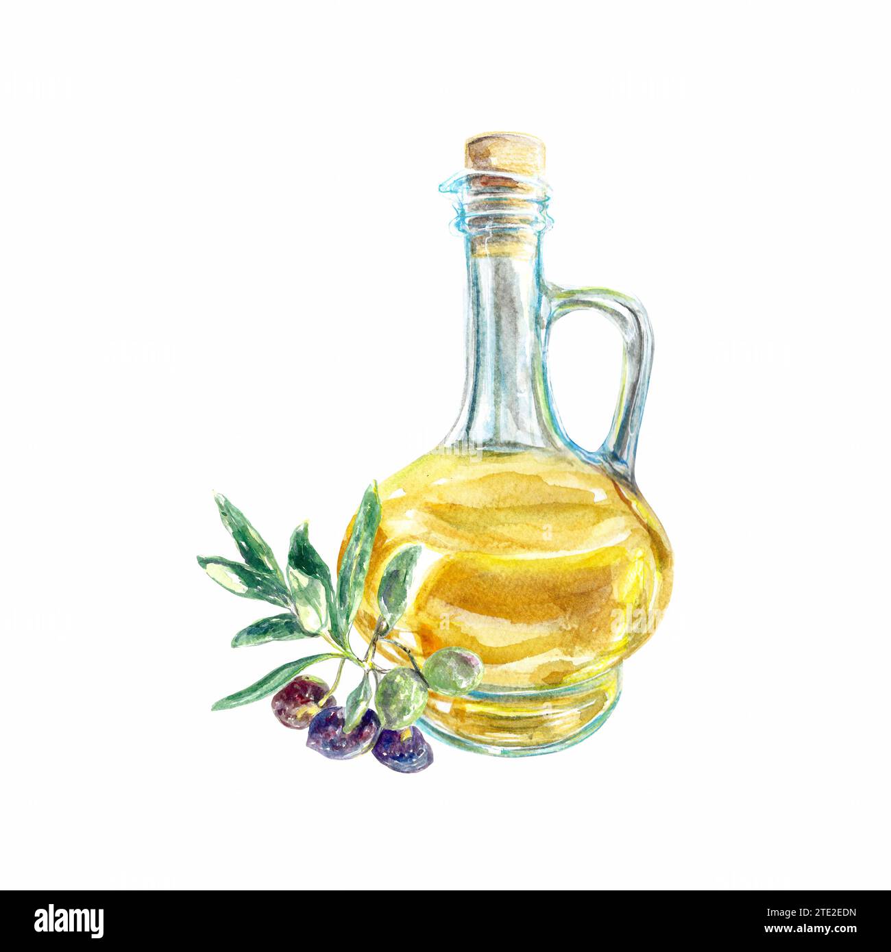 Huile d'olive dans une bouteille en verre, branche d'olive. Illustration aquarelle isolée sur fond blanc. Elément de conception pour étiquettes alimentaires, emballages, dépliants, Banque D'Images