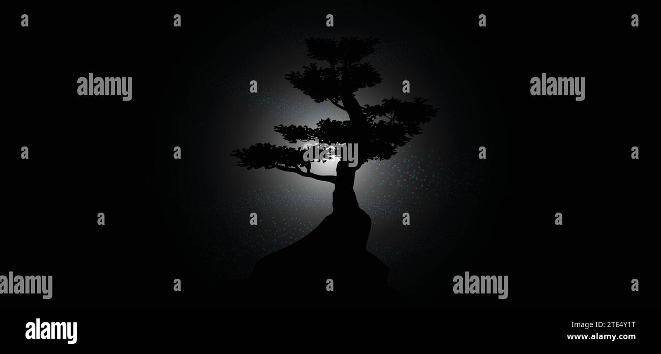 Nuit étoilée la silhouette d'un arbre solitaire Illustration de Vecteur