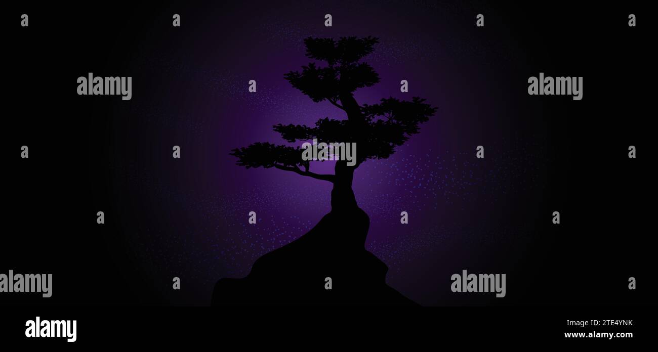 Nuit étoilée la silhouette d'un arbre solitaire Illustration de Vecteur