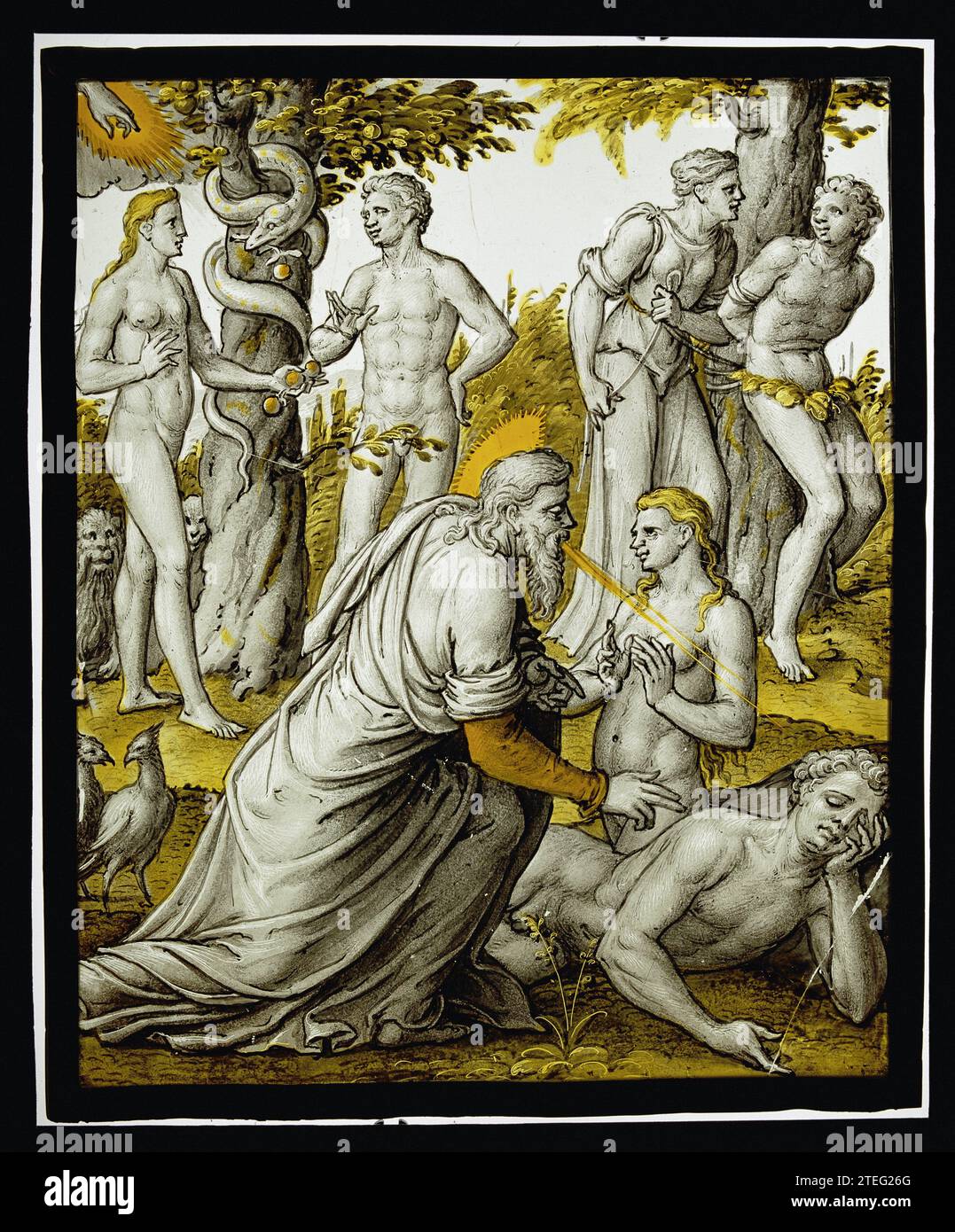 La création d'Eve et la chute de l'homme, anonyme, c. 1560 - c. 1570 fenêtre, rectangulaire, avec exposition teintée en Sépia et deux couleurs jaunes de la création d'Eva et la chute. Verre Gouda.. tache argentée. Fenêtre en plomb (métal), rectangulaire, avec exposition teintée en Sépia et deux couleurs jaunes de la création d'Eva et de l'automne. Verre Gouda.. tache argentée. plomb (métal) Banque D'Images