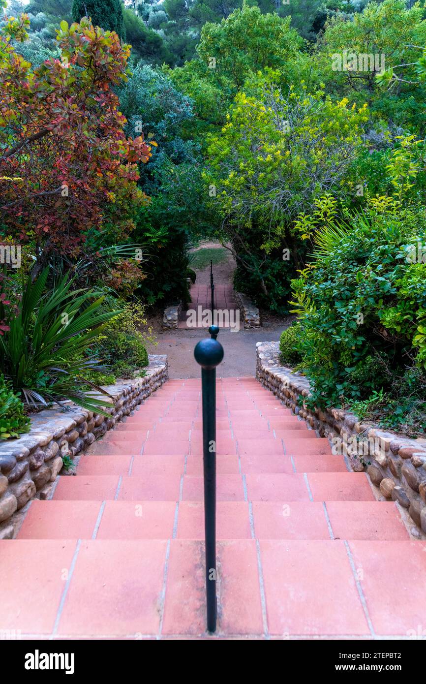 Vue d'un escalier descendant avec une balustrade au milieu, des marches rouges, plusieurs niveaux et beaucoup de plantes sur le côté. L'escalier est encadré de roug Banque D'Images