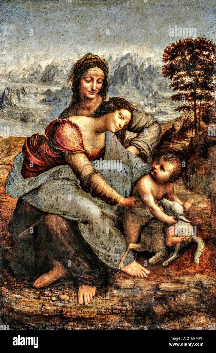 Vierge et enfant avec St. Anne, c.1510 (peinture) de l'artiste Vinci, Léonard de Vinci (1452-1519) (cercle de) / Italien. Illustration de Vecteur