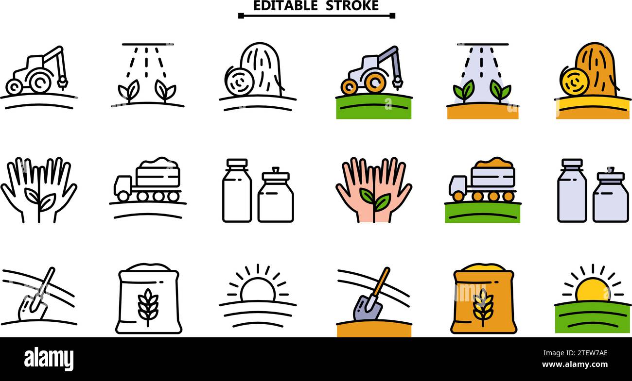 Jeu d'icônes de couleur d'agriculture et d'agriculture. Contour modifiable. Icônes du marché des agriculteurs de vecteur. Collection de symboles de logo d'agriculture moderne. Ferme biologique Illustration de Vecteur