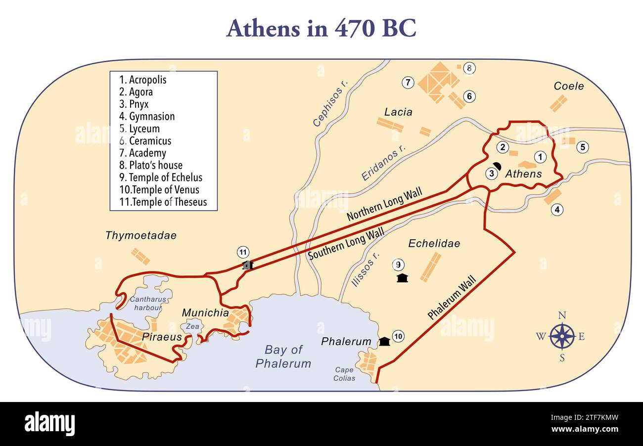 Carte de l'Athènes antique avec les principaux sites et les murs longs Banque D'Images