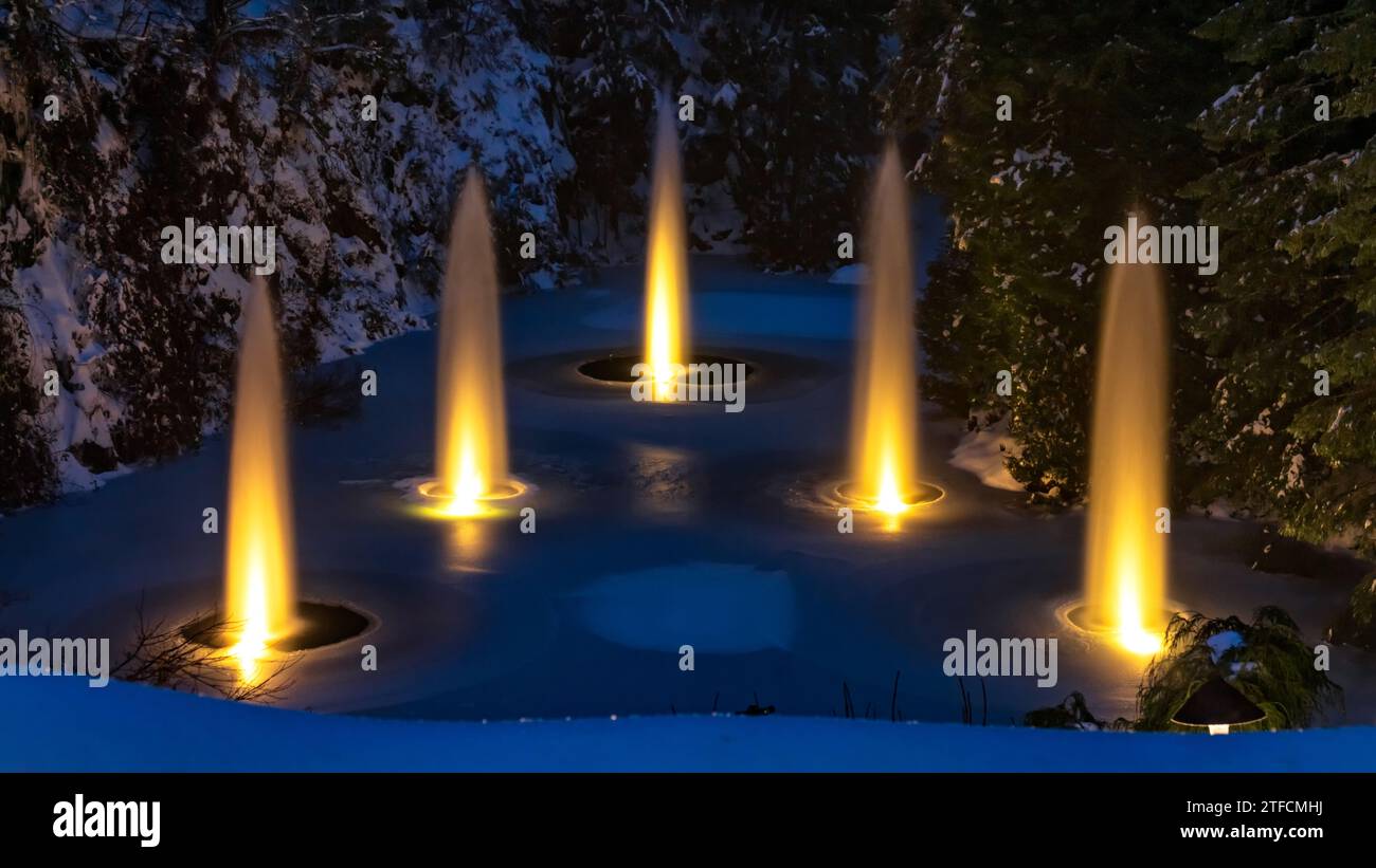 Étang gelé avec fontaine et lumières Banque D'Images
