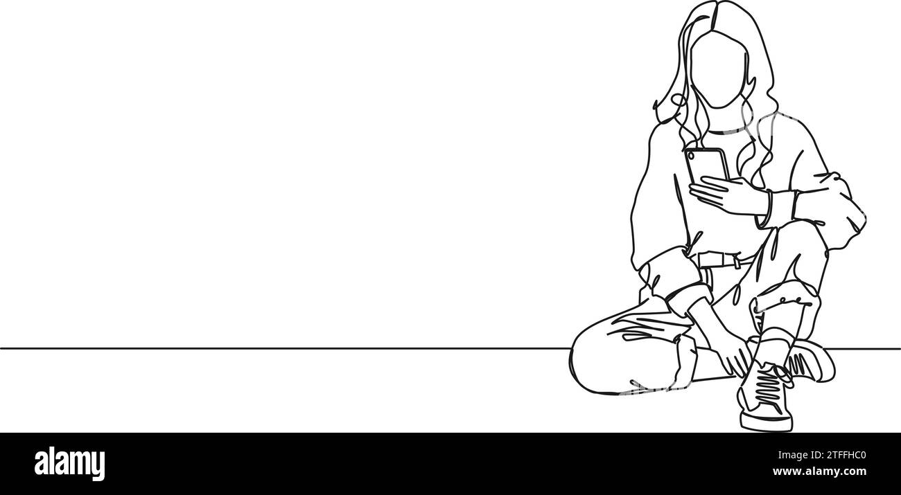 dessin au trait unique continu de jeune femme assise sur le sol à l'aide d'un smartphone, illustration vectorielle d'art au trait Illustration de Vecteur