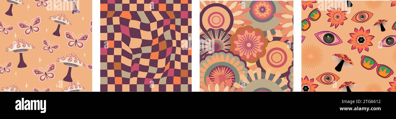 Design Boho et hippie, avec des éléments rétro vibrants et des paysages trippy. Nuages, mer, rayons du soleil et ondes psychédéliques.Une collection vectorielle des années 90 Illustration de Vecteur