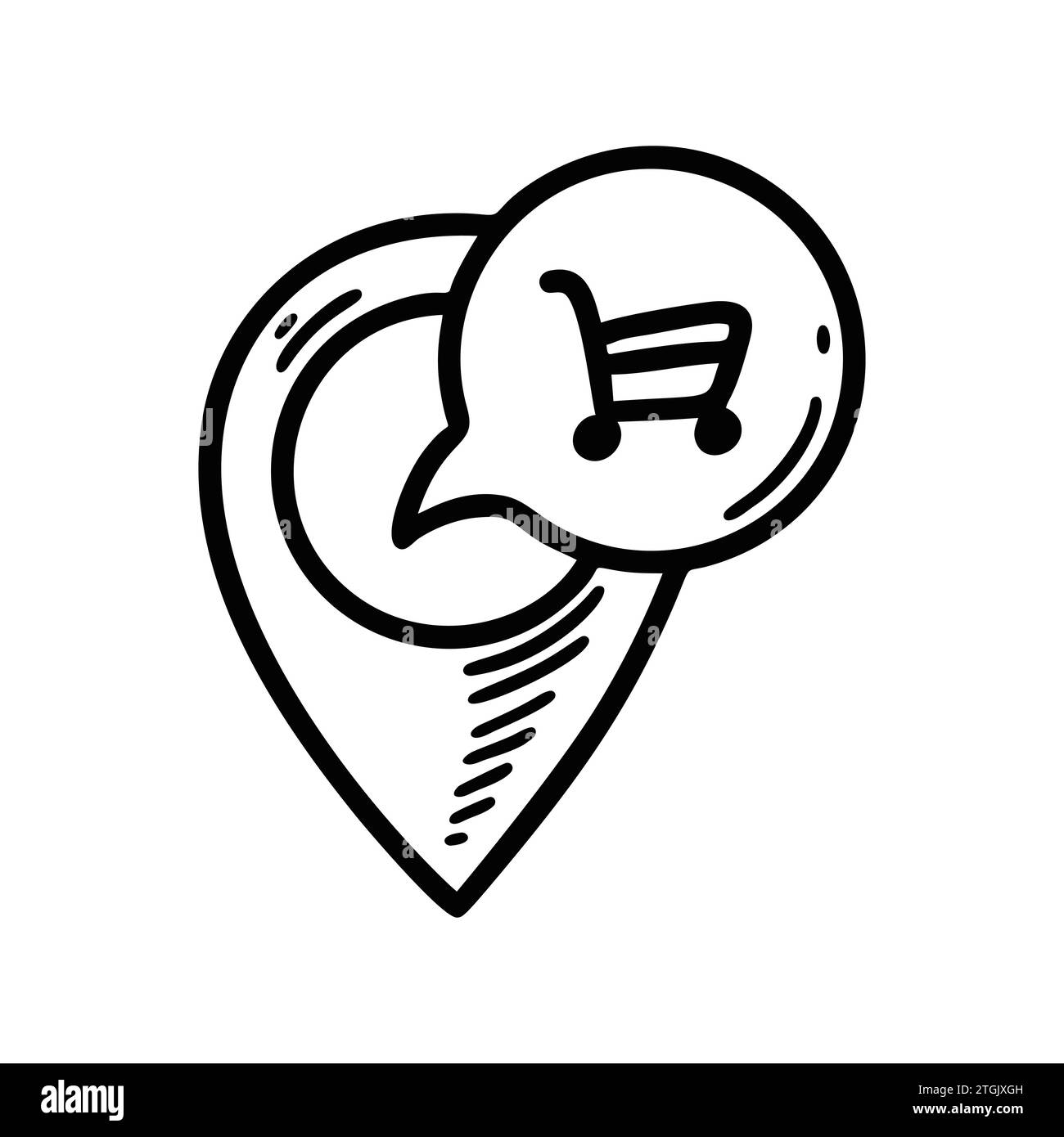 Icône représentant une épingle de la carte du magasin Doodle. emplacement de la boutique. Illustration vectorielle d'esquisse dessinée à la main. Emplacement de supermarché à proximité Illustration de Vecteur