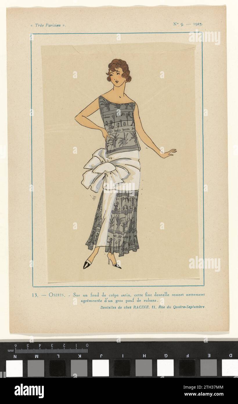 Très parisien, 1923, no 9 : 13. - Osiris. - Sur fond de crêpe satinée ..., 1923 Robe de 'Crepe Satinn' exagérée avec de la dentelle fine, décorée d'un grand 'pouf' de rubans. Côté racine. Tirage du magazine de mode très parisien (1920-1936). Impression typographique papier Paris Robe de 'Crepe Satinn' exagérée avec de la dentelle fine, décorée d'un grand 'pouf' de rubans. Côté racine. Tirage du magazine de mode très parisien (1920-1936). Impression typographique sur papier Paris Banque D'Images
