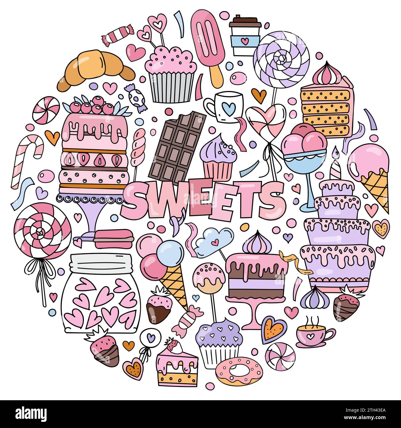 Doodles dessinés à la main et colorés sur le thème des bonbons, y compris Un ensemble de photos avec gâteaux, bonbons et autres friandises pour la coloration stress-relief Illustration de Vecteur