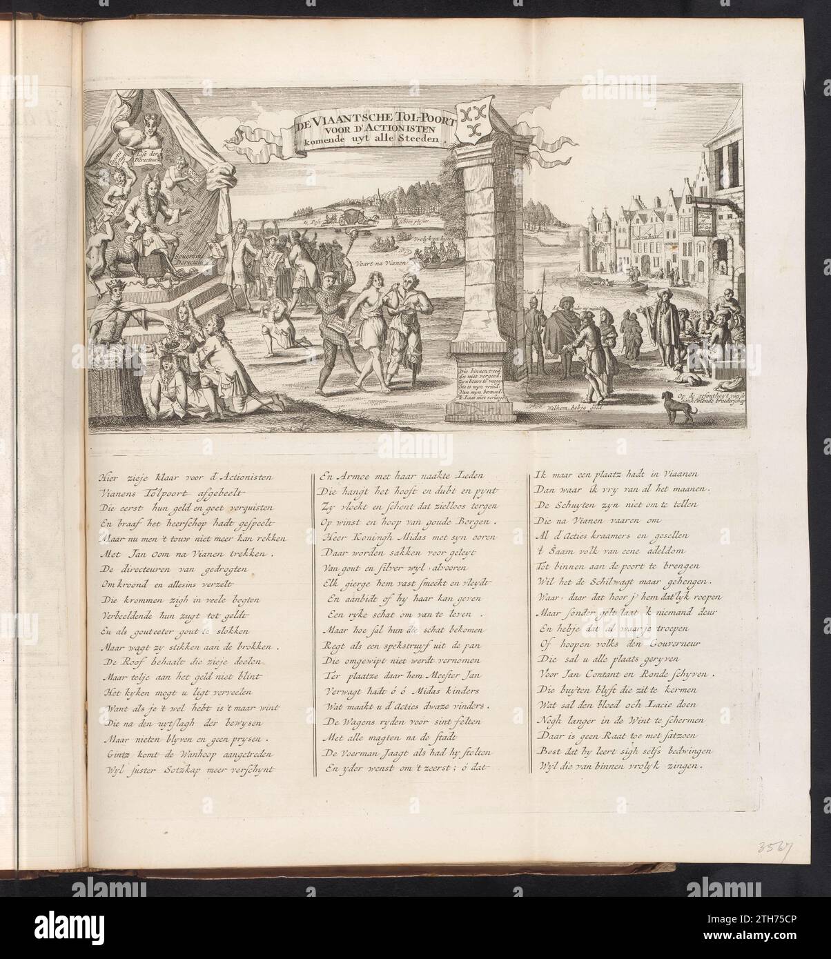 De Tolpoort à Vianen pour les actionnistes, 1720, 1720 caricature sur le commerce éolien à Vianen. John Law est à gauche en tant que directeur souverain du Windhandel à Vianen sur son trône entouré de Diables, à droite le péage, de sorte que seuls les gens avec de l'argent peuvent entrer. La légende avec un verset imprimé en trois colonnes d'une plaque séparée. Imprimer dans la première édition reliée (304 B 11) de la grande scène de la folie avec des dessins animés sur le commerce éolien ou le commerce d'action de 1720. Imprimeur : Nord Netherlandsprint fabricant : Amsterdam papier gravure / gravure Vianen Cartoon sur le commerce du vent en V. Banque D'Images