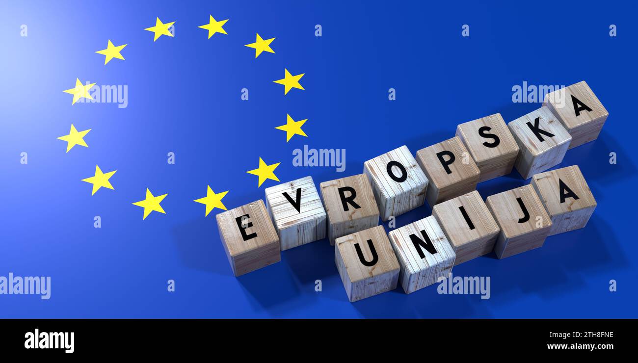 Union européenne en slovène - cubes en bois et drapeau du pays - illustration 3D. Banque D'Images