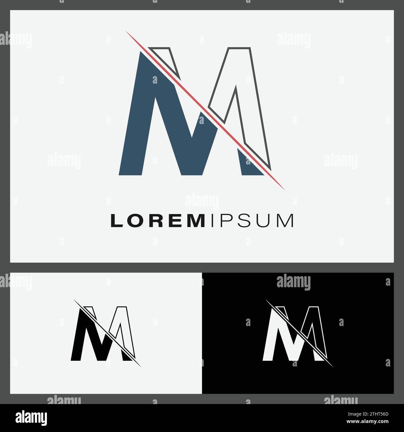 Icône de logo de coupe de lettre M avec ligne coupée au milieu. Logo Creative alphabet M monogramme. Modèle de conception d'icône de mode Illustration de Vecteur
